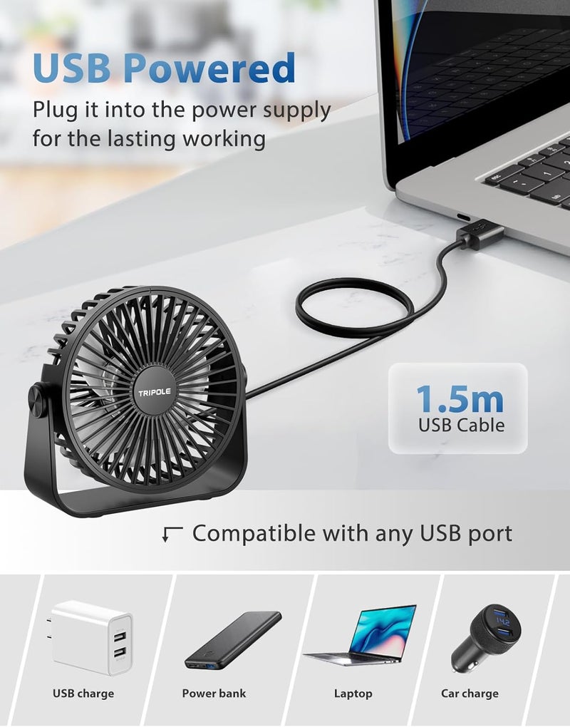 TriPole مروحة مكتب USB محمولة صغيرة قوية 3 سرعات هواء مروحة شخصية مكتبية مع دوران رأس 360° للمنزل والمكتب والسيارة والداخل والخارج 2 عبوة سوداء، بدون بطارية، 4.5 بوصة - Image 3